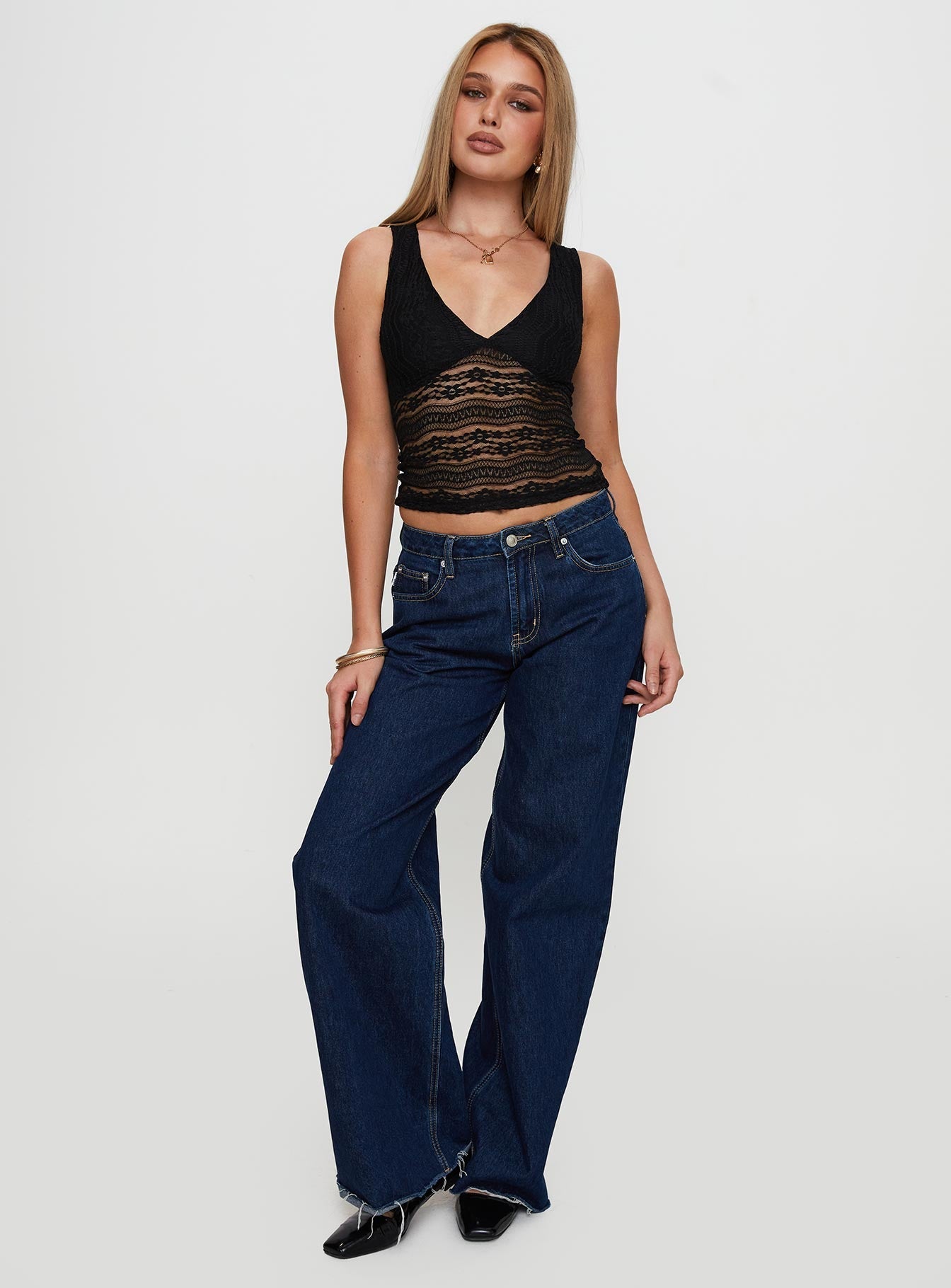 Loxlee Lace Plunge Neck Top Black